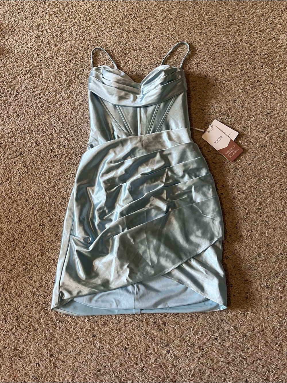 Stacees Ruched Spaghetti-Strap Mini Dress in Light Blue